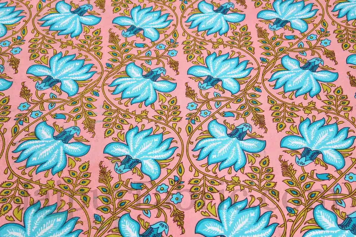 Sky Blue Lotus on Pink Base Floral Pure Cotton Double BedSheet