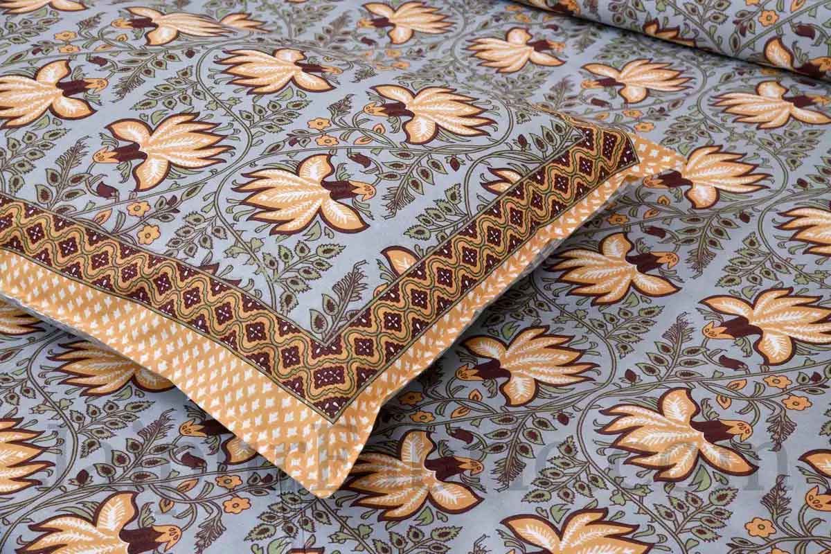 Mustard Lotus on Grey Base Floral Pure Cotton Double BedSheet