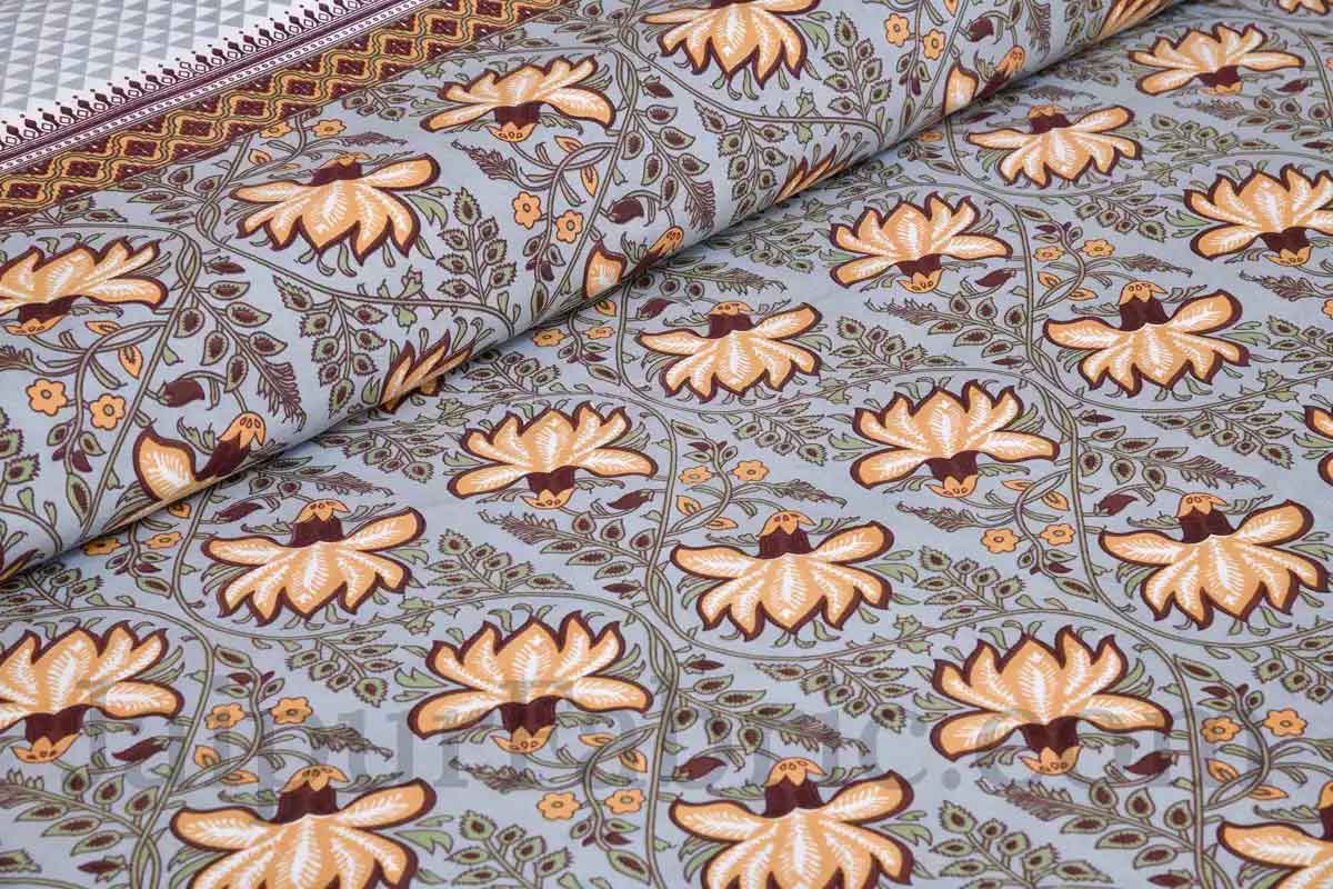 Mustard Lotus on Grey Base Floral Pure Cotton Double BedSheet