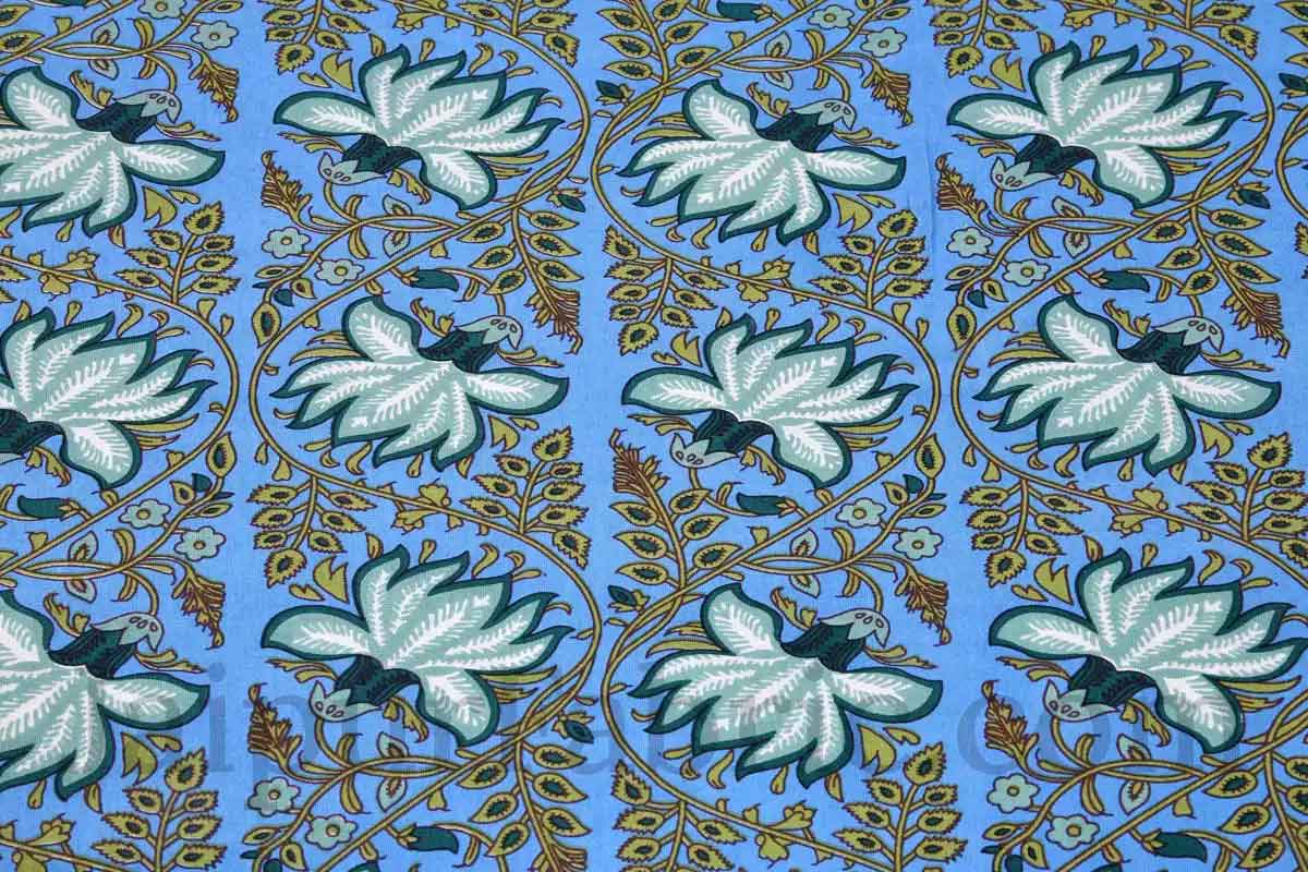 Green Lotus on Blue Base Floral Pure Cotton Double BedSheet