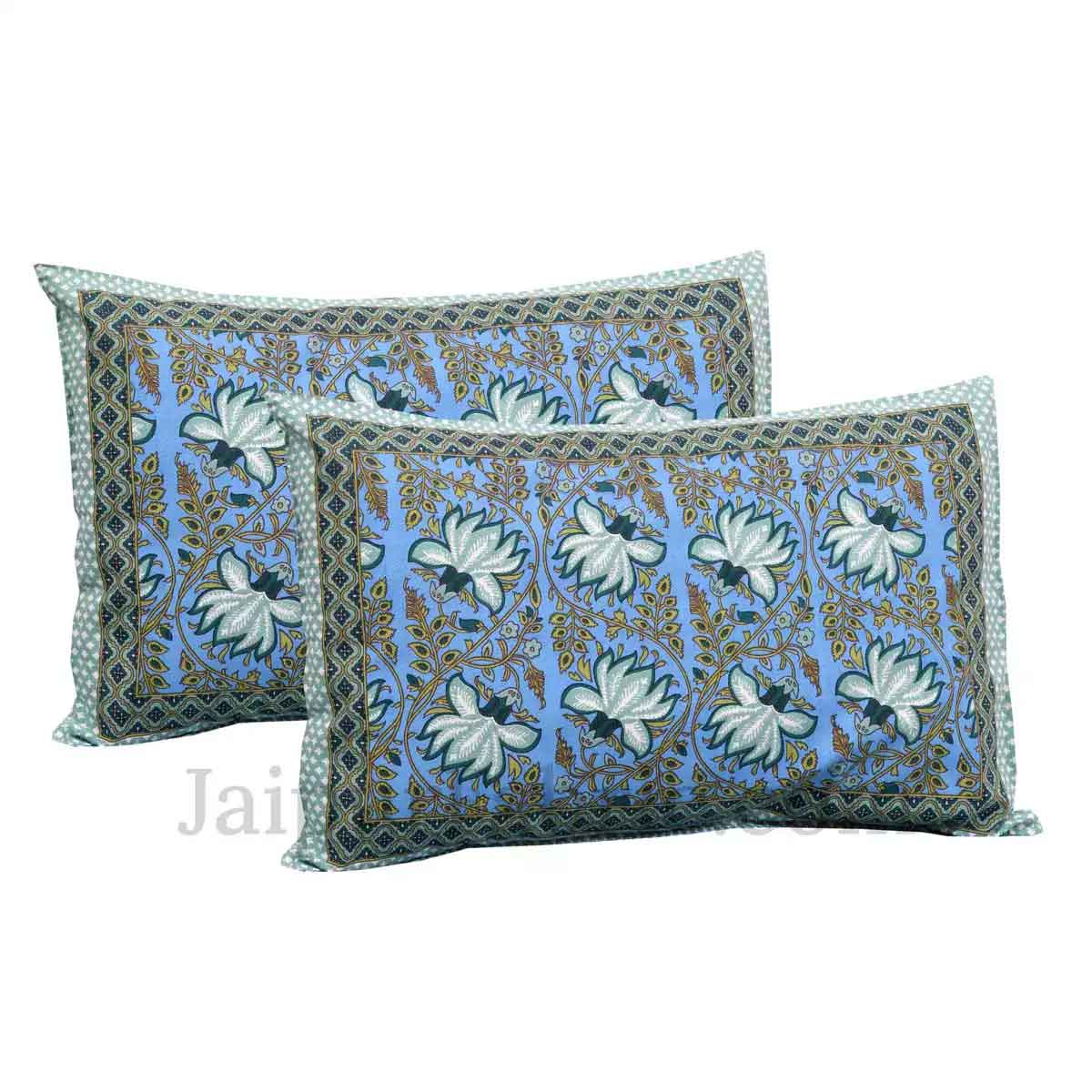 Green Lotus on Blue Base Floral Pure Cotton Double BedSheet
