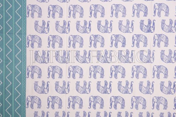 Sea Green Border Blue Elephant Pattern Screen Print Cotton Double Bed Sheet