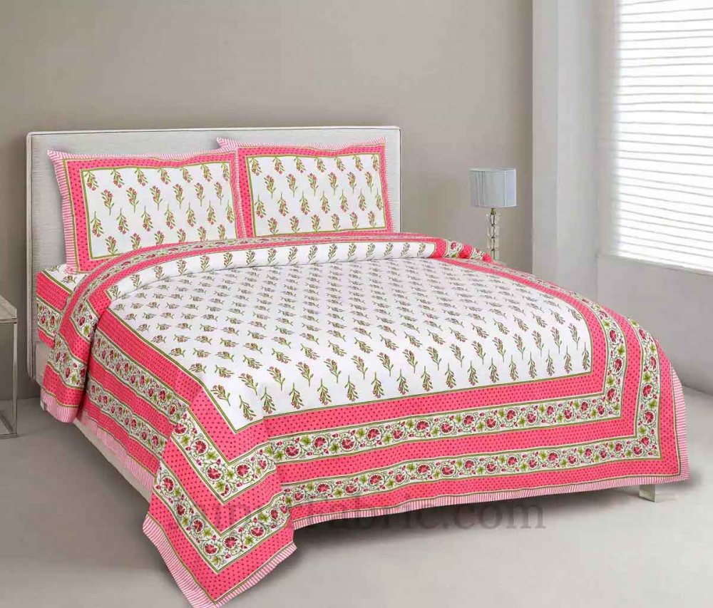Pink Berry Grey Border Rich Premium Pure Cotton Double BedSheet