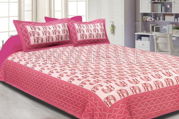 Pink Border Pink Elephant Pattern Screen Print Cotton Double Bed Sheet