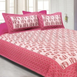 Pink Border Pink Elephant Pattern Screen Print Cotton Double Bed Sheet
