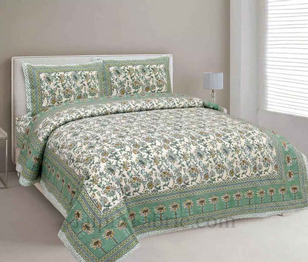Fresh Carnations Green Pure Cotton Double BedSheet