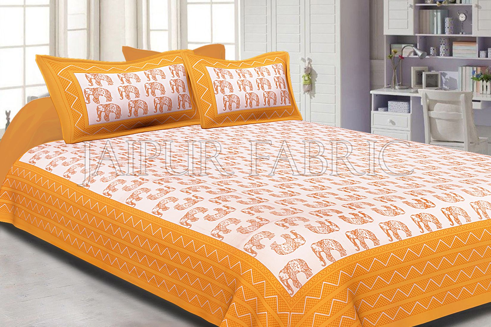 Yellow Border Yellow Elephant Pattern Screen Print Cotton Double Bed Sheet