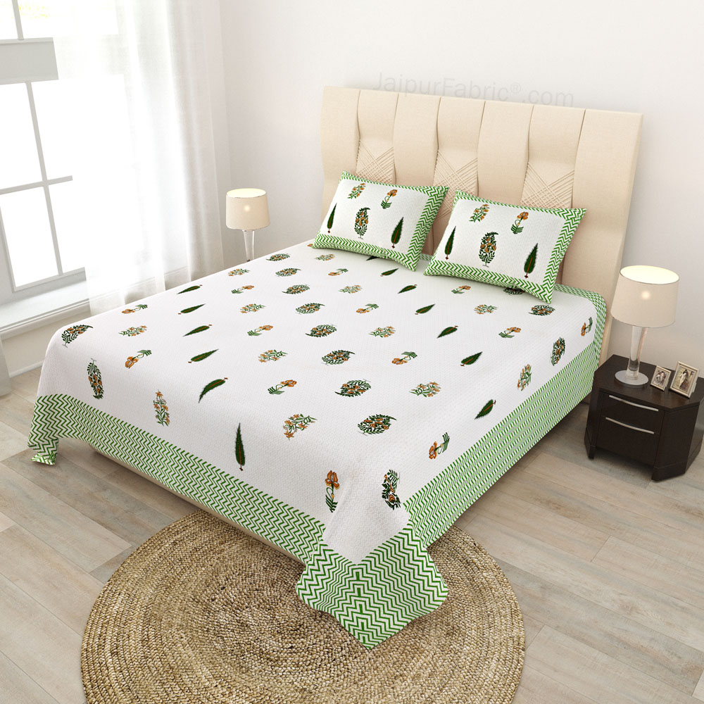 Folklore Fables Green Block Print Pure Cotton Double Bedsheet