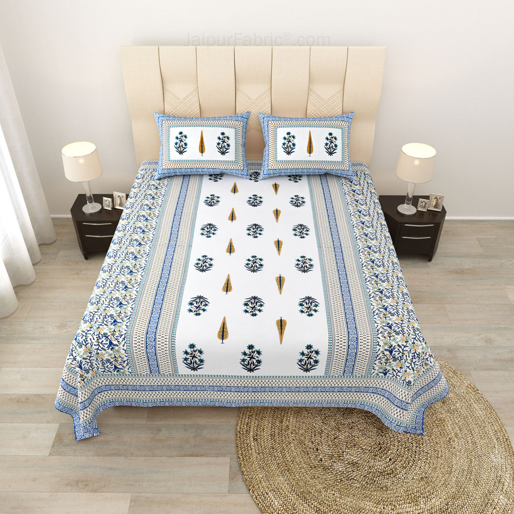 Serene Symmetry Blue Block Print Pure Cotton Double Bedsheet