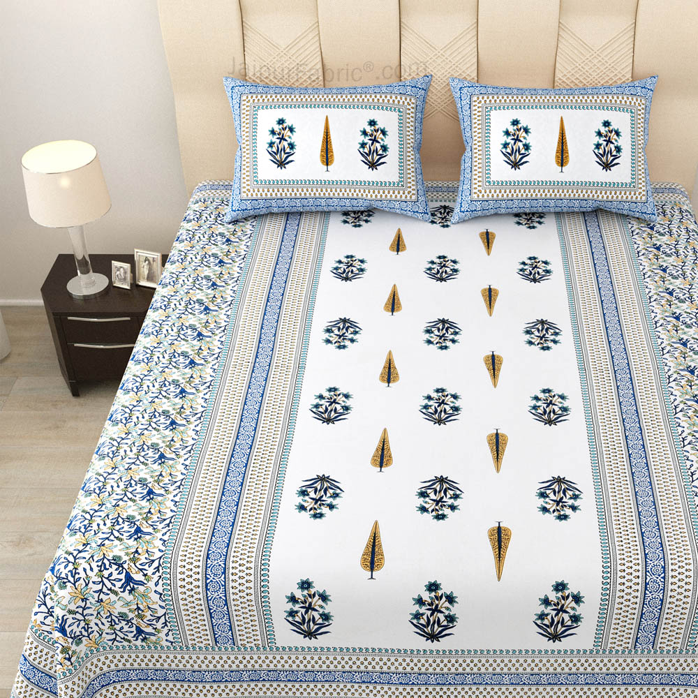 Serene Symmetry Blue Block Print Pure Cotton Double Bedsheet