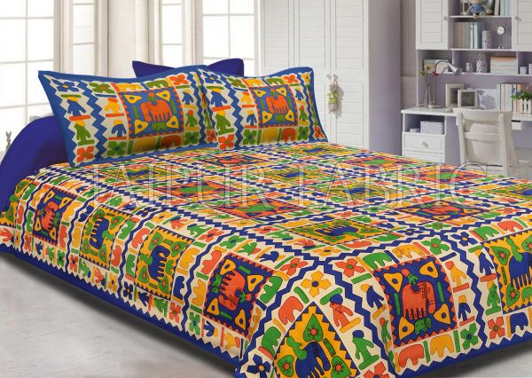 Navy Blue boarder elephant pattern with parrot green and yellow colour double bed sheet