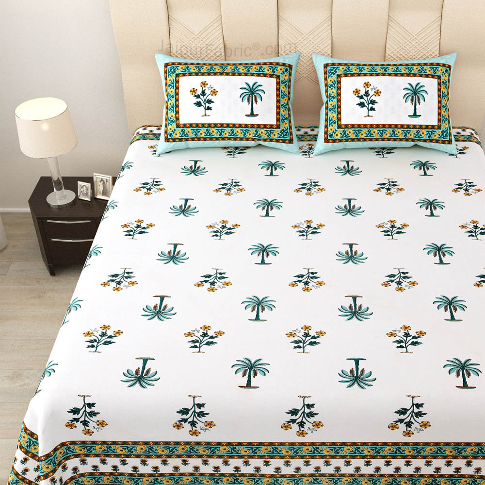 Cultural Mosaic SeaGreen Block Print Pure Cotton Double Bedsheet