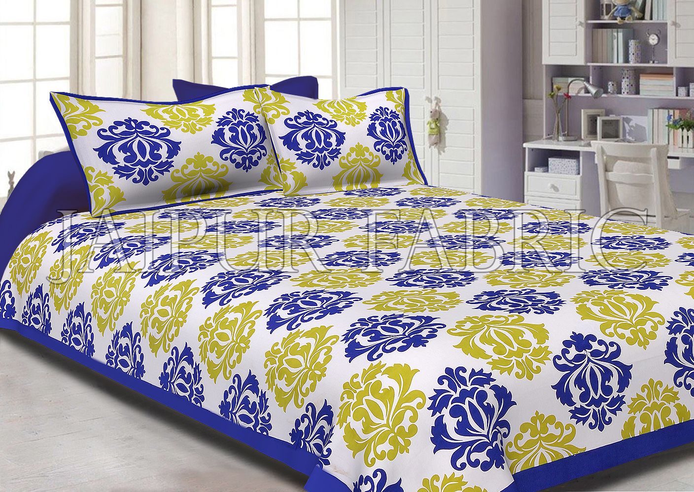 Navy Blue boader cream base with floral pattern double bed sheet