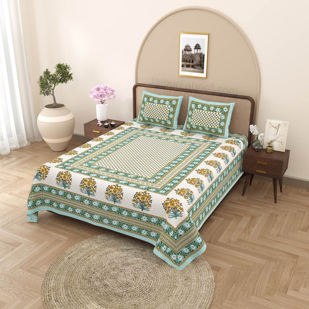 Heritage Hues Greenish Block Print Pure Cotton Double Bedsheet