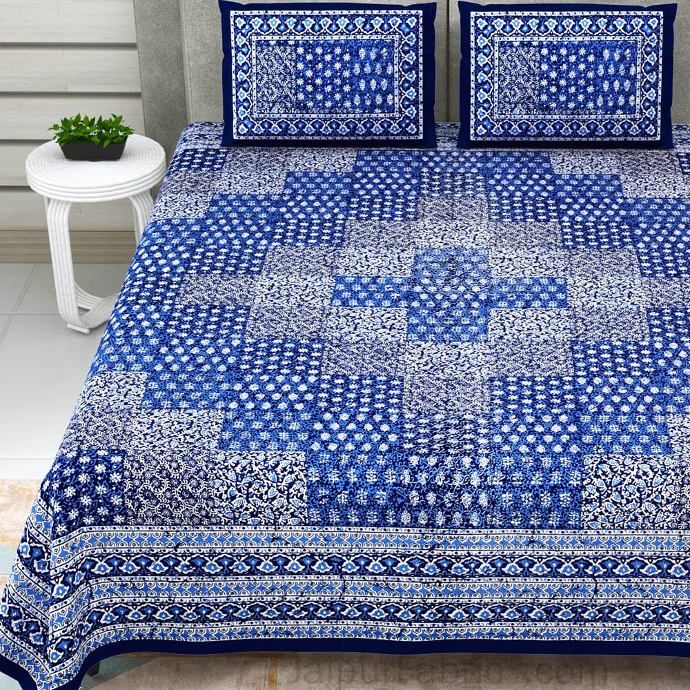 Blue Cubicals Dabu Print Jaipuri Double Bedsheet
