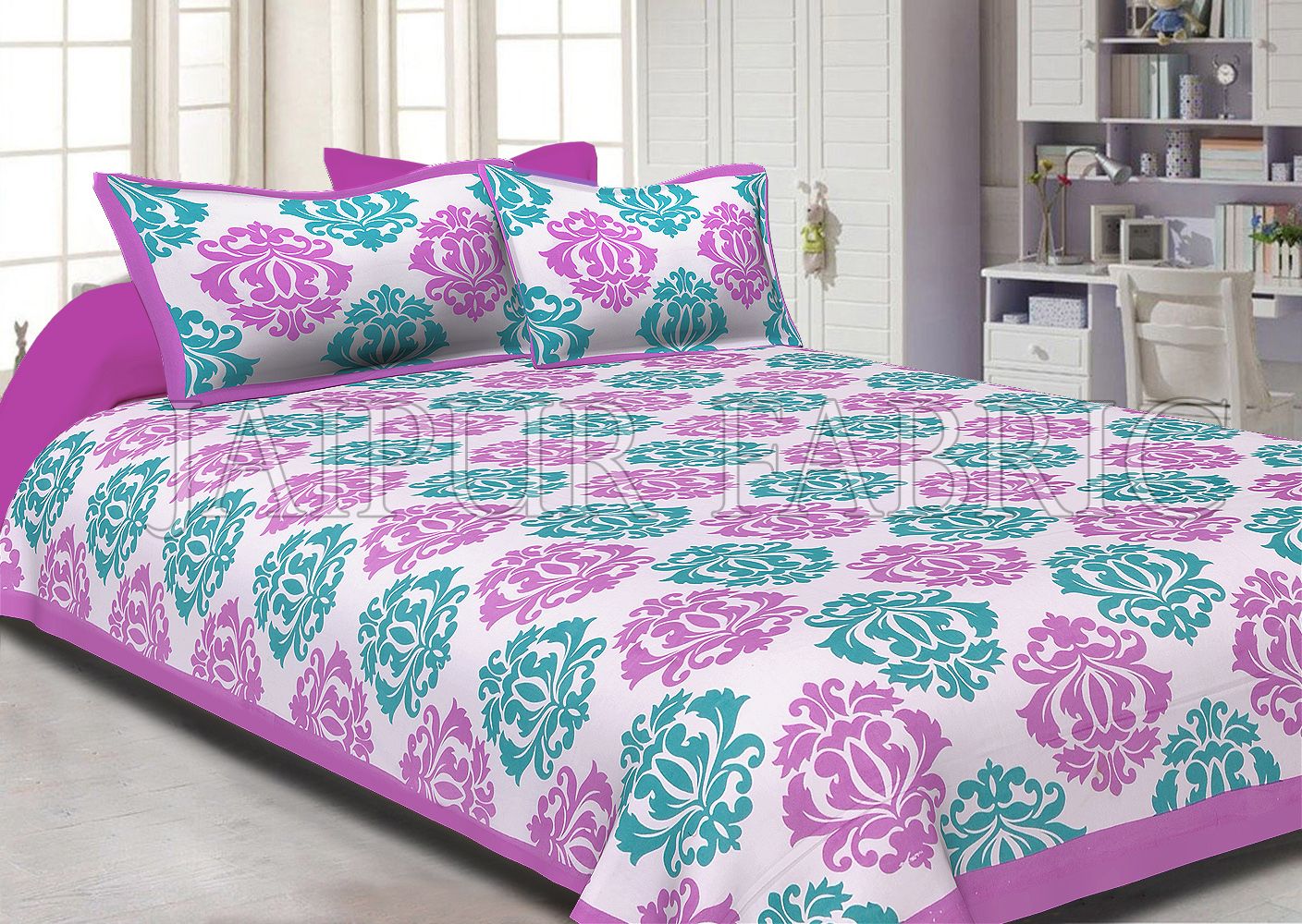 Violet boarder cream base with floral pattern double bed sheet
