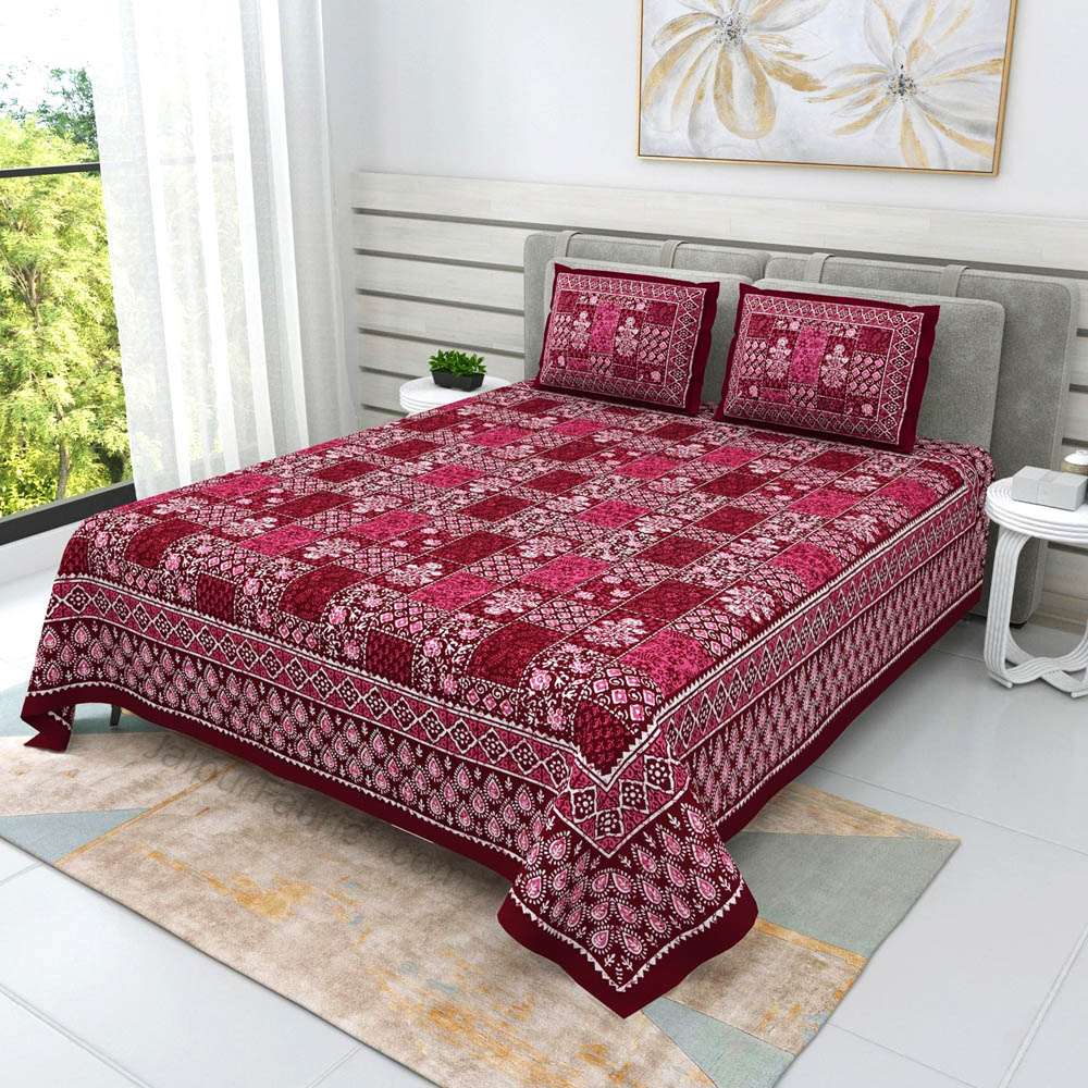 Maroon Floral Polygons Dabu Print Jaipuri Double Bedsheet