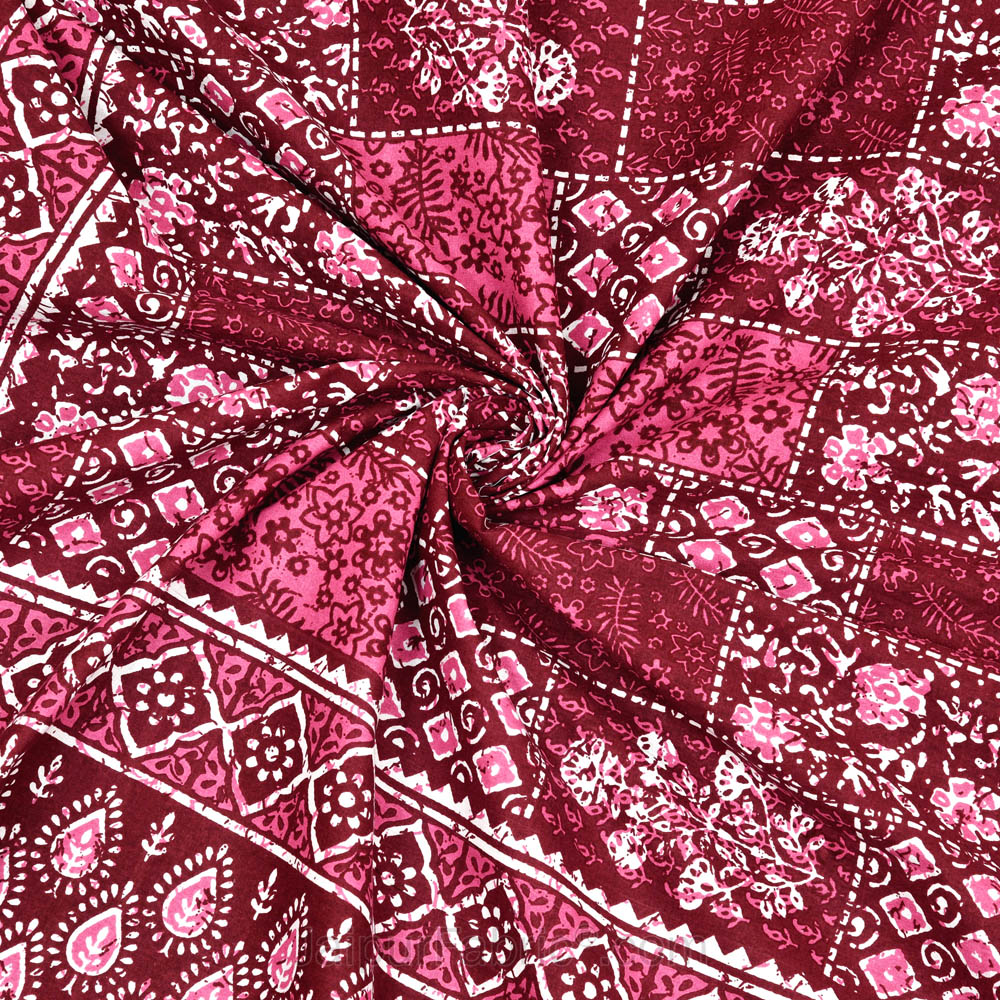 Maroon Floral Polygons Dabu Print Jaipuri Double Bedsheet
