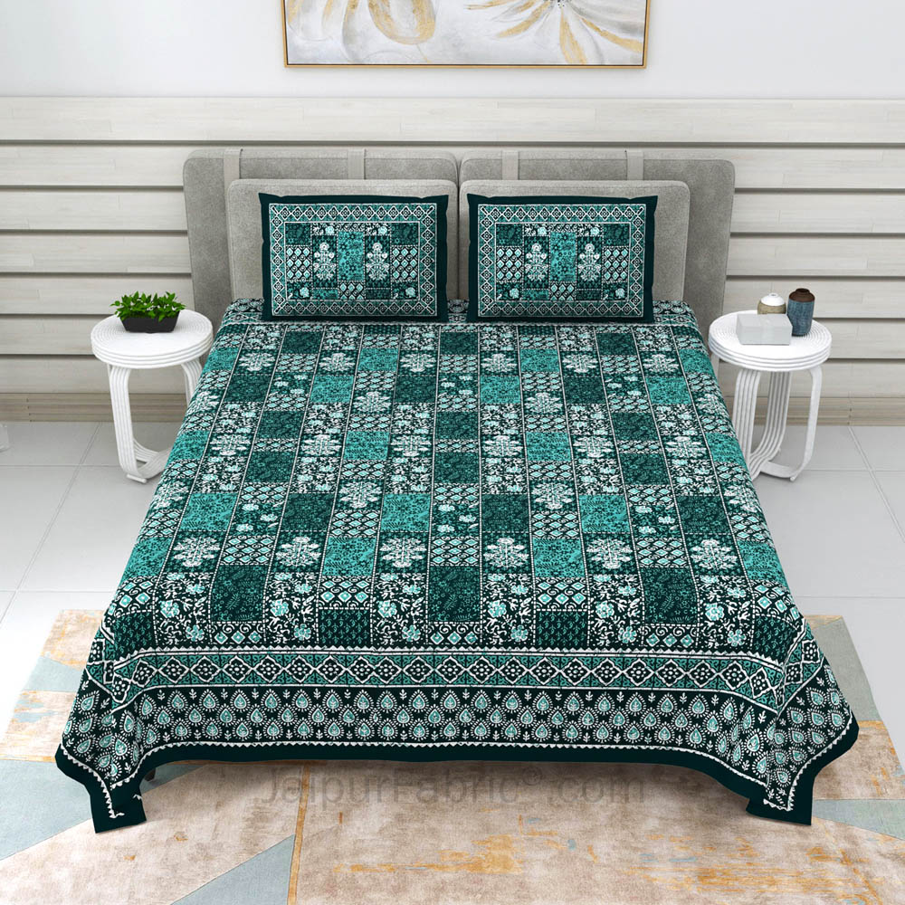 Green Floral Polygons Dabu Print Jaipuri Double Bedsheet