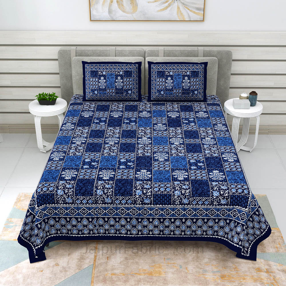 Blue Floral Polygons Dabu Print Jaipuri Double Bedsheet