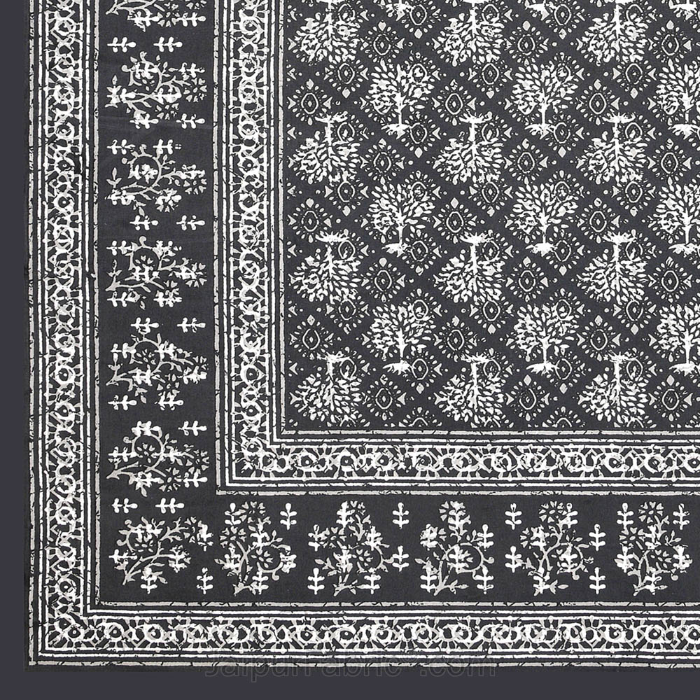 Grey Topiary Dabu Print Jaipuri Double Bedsheet