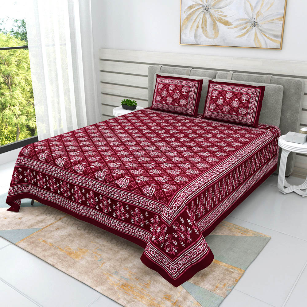 Maroon Topiary Dabu Print Jaipuri Double Bedsheet