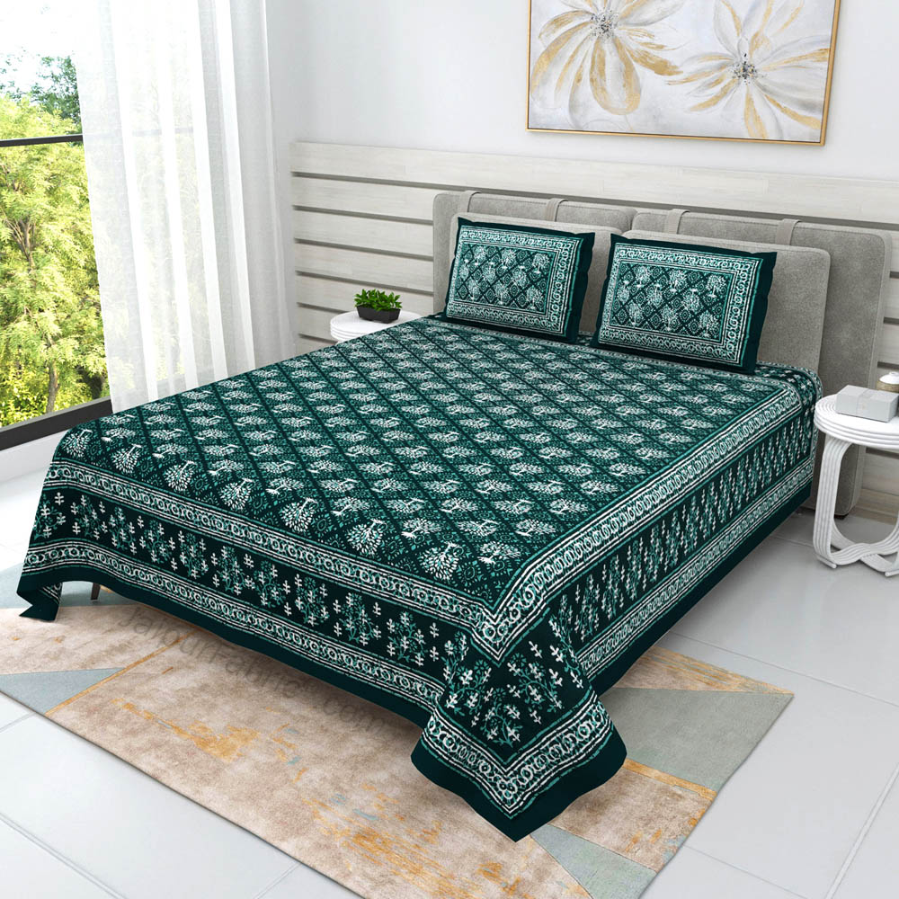 Green Topiary Dabu Print Jaipuri Double Bedsheet