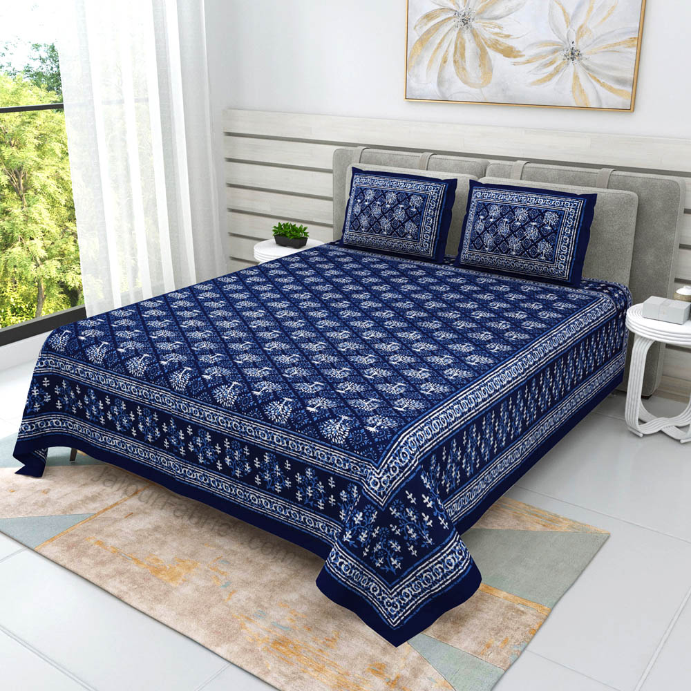 Blue Topiary Dabu Print Jaipuri Double Bedsheet