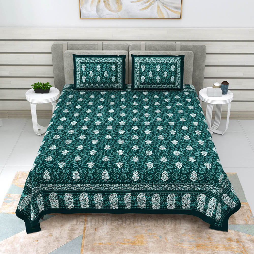 Green Conic Dabu Print Jaipuri Double Bedsheet