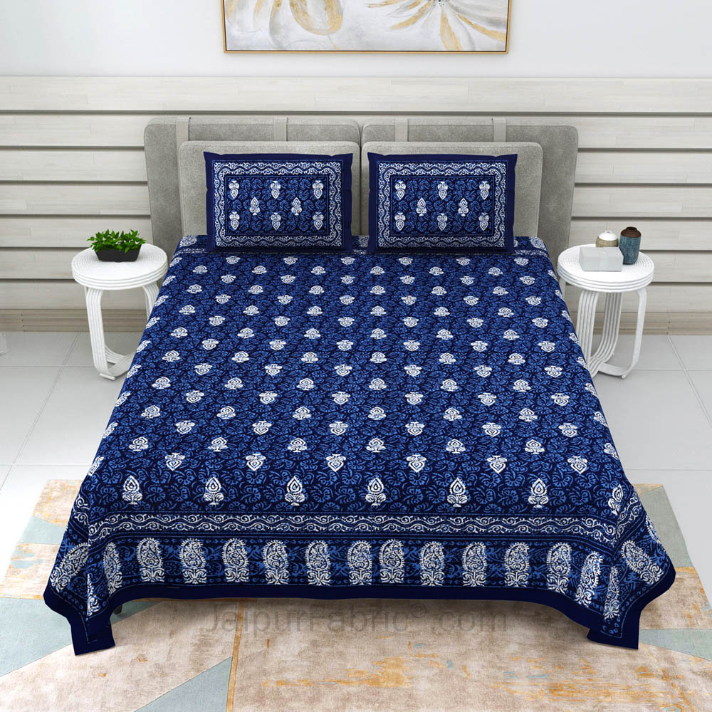 Blue Conic Dabu Print Jaipuri Double Bedsheet