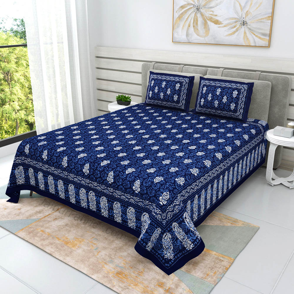 Blue Conic Dabu Print Jaipuri Double Bedsheet