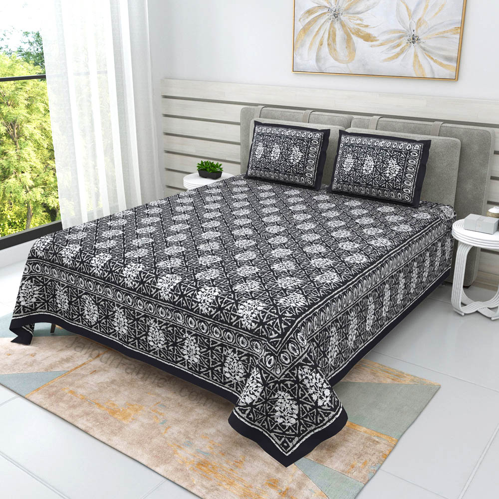 Grey Buta Dabu Print Jaipuri Double Bedsheet