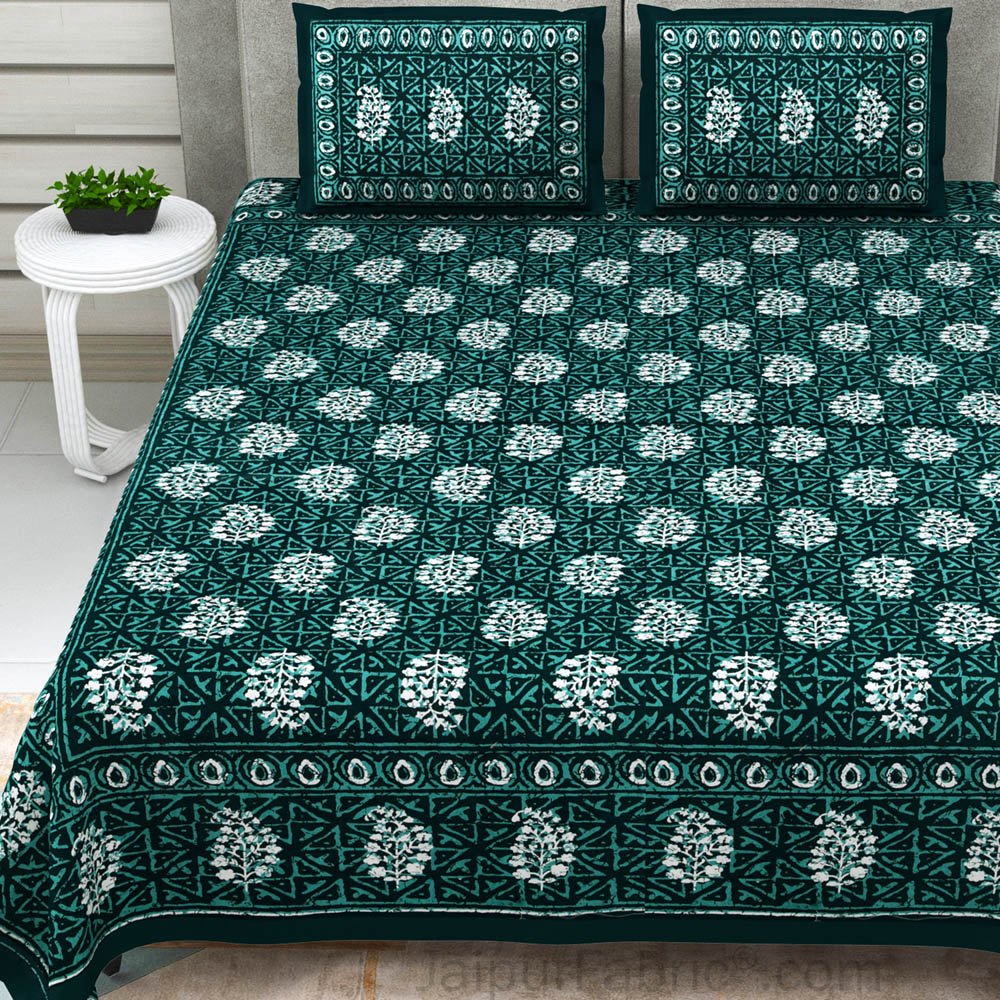 Green Buta Dabu Print Jaipuri Double Bedsheet