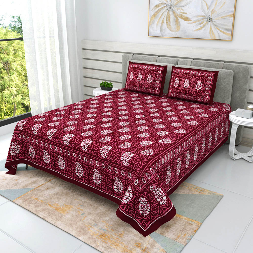 Maroon Buta Dabu Print Jaipuri Double Bedsheet