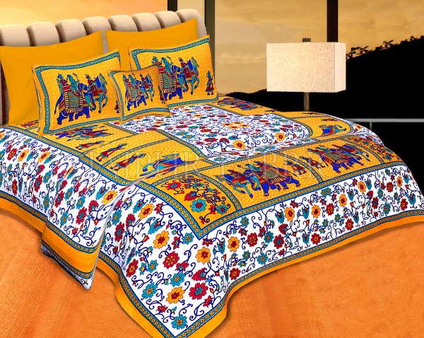 Yellow boarder with barat pattern double bed sheet