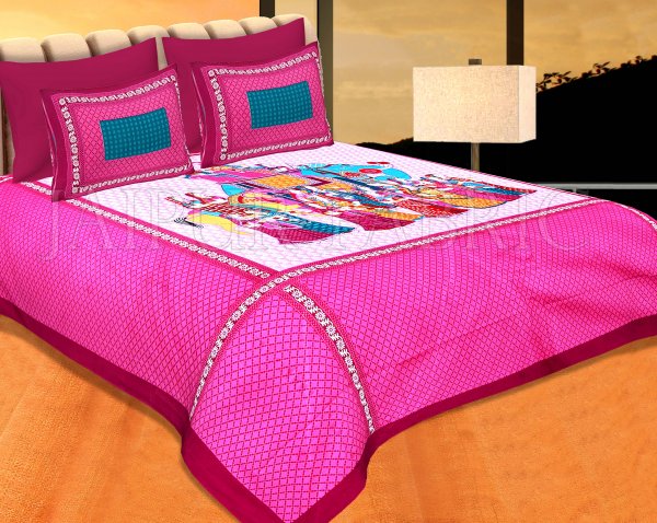 Maroon Border With Pink Purple Base &quot;Shahi Sawari&quot;  With Elephant Pigment Print Cotton Double Bedsheet