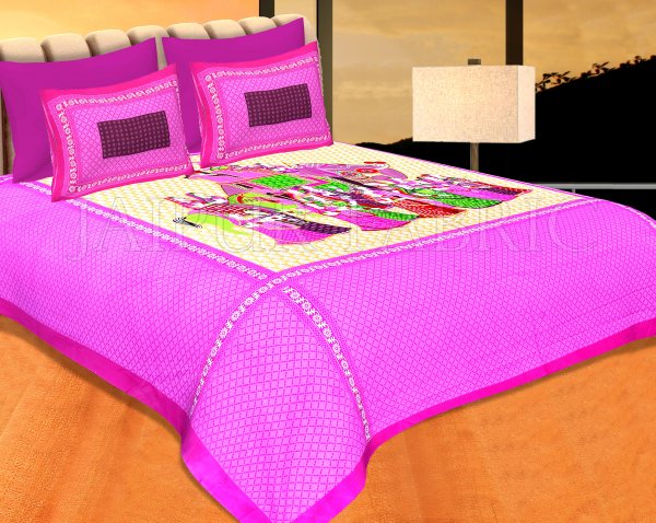 Pink Border Cream Base "Shahi Sawari"  With Elephant Pigment Print Cotton Double Bedsheet