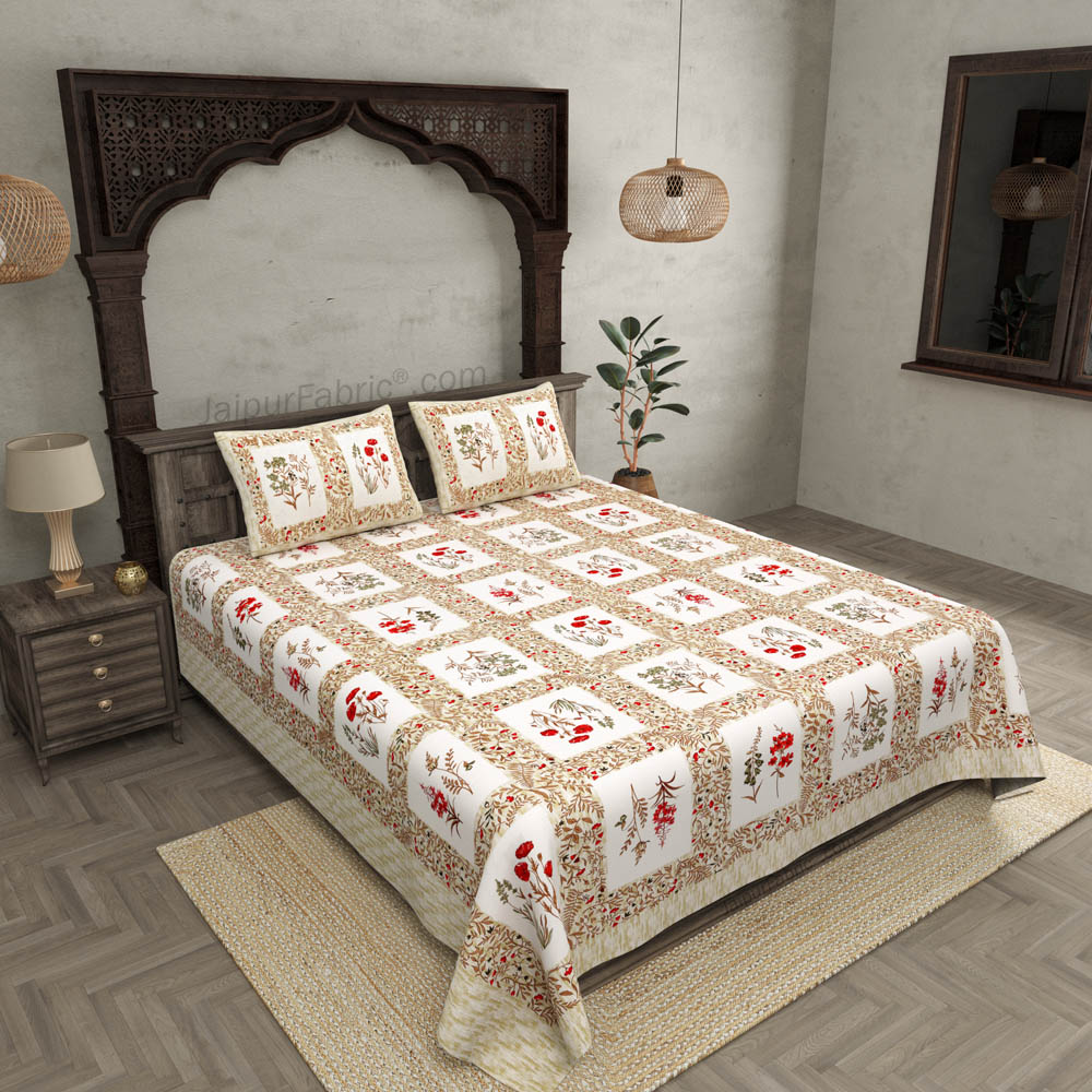 Floral Frame Brown Cotton Double Bedsheet