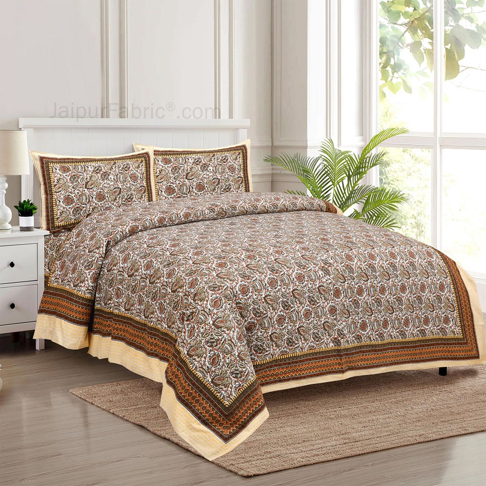 Brown Florets Jaipur Fabric Double Bed Sheet