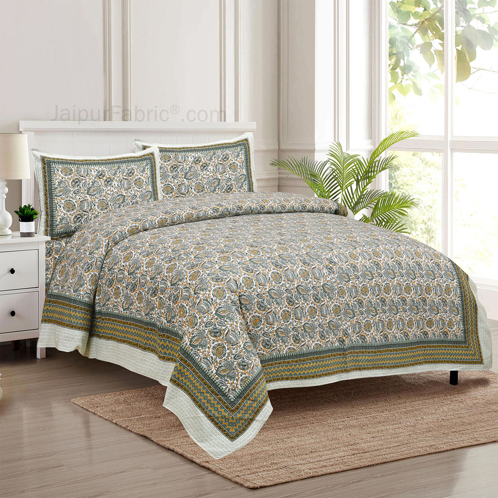 Green Florets Jaipur Fabric Double Bed Sheet