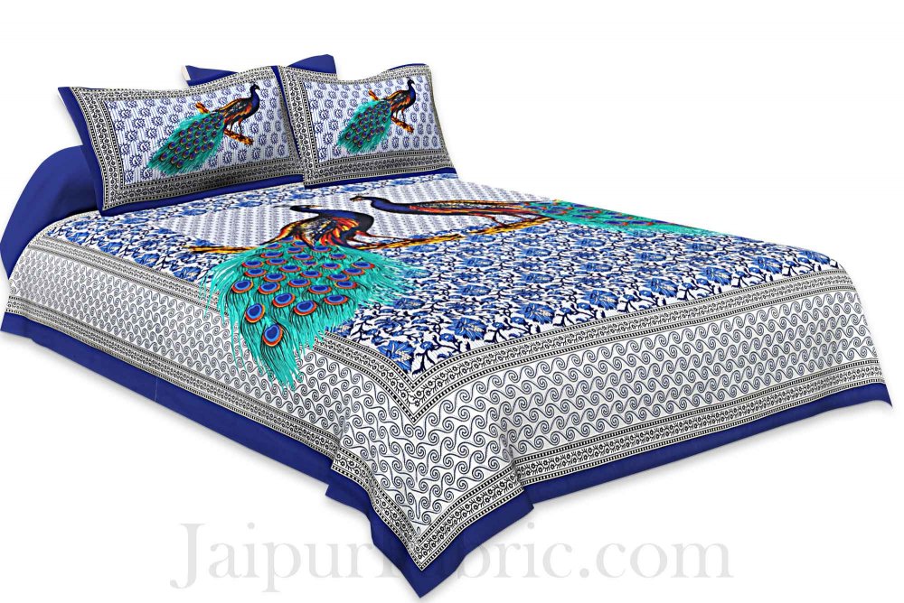 Blue Border Indigo Blue Two Large Peacock Pigment Print Cotton Double Bedsheet