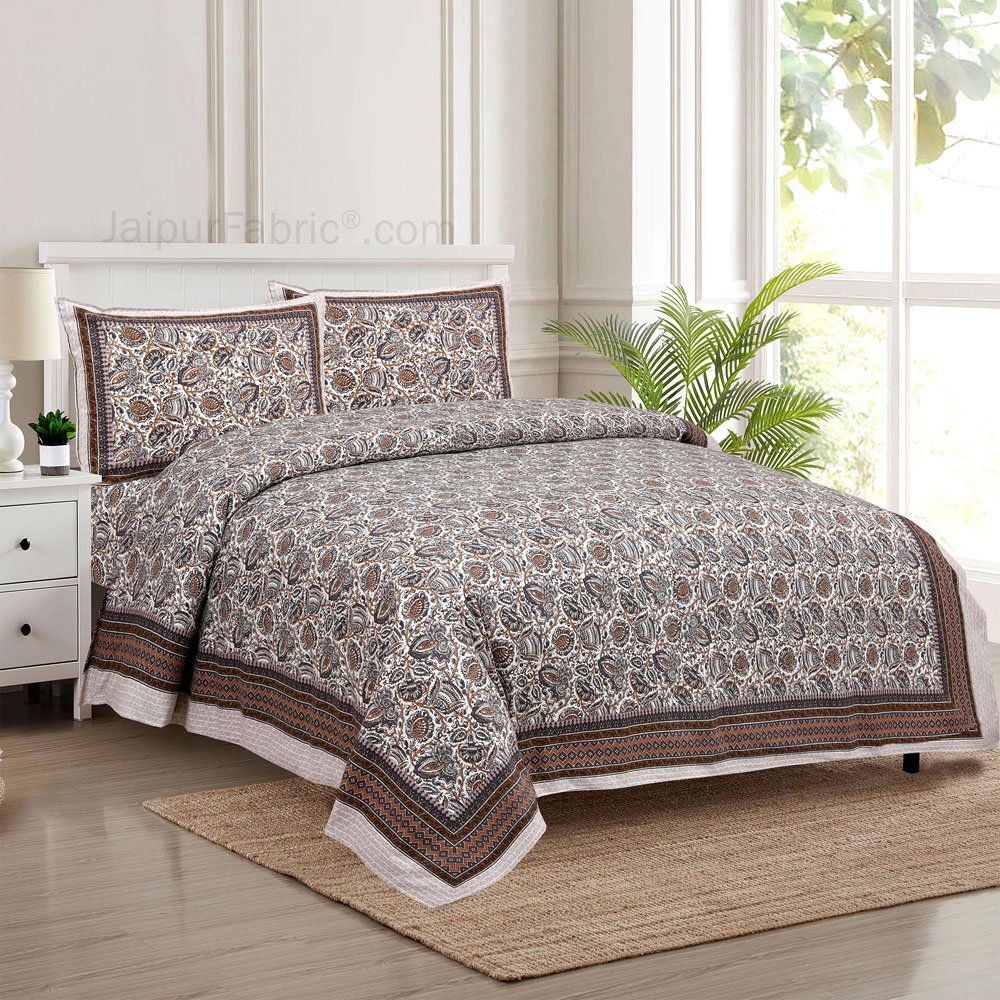 Taupe Florets Jaipur Fabric Double Bed Sheet
