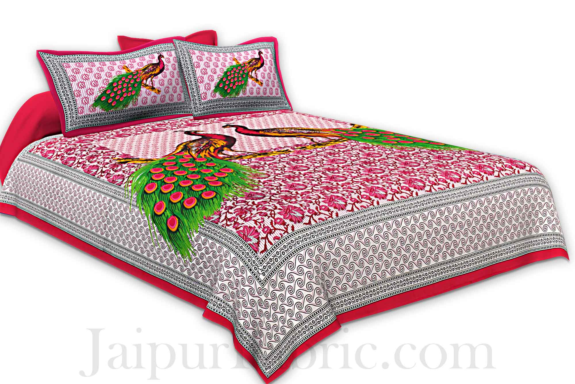 Pink Border Pink and Green Two Large Peacock Pigment Print Cotton Double Bedsheet