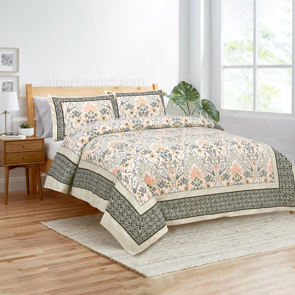 Green Florals Jaipur Fabric Double Bed Sheet