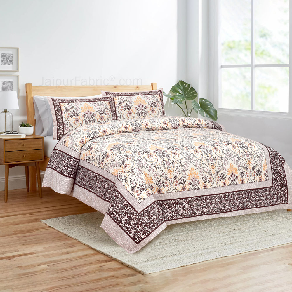Taupe Florals Jaipur Fabric Double Bed Sheet