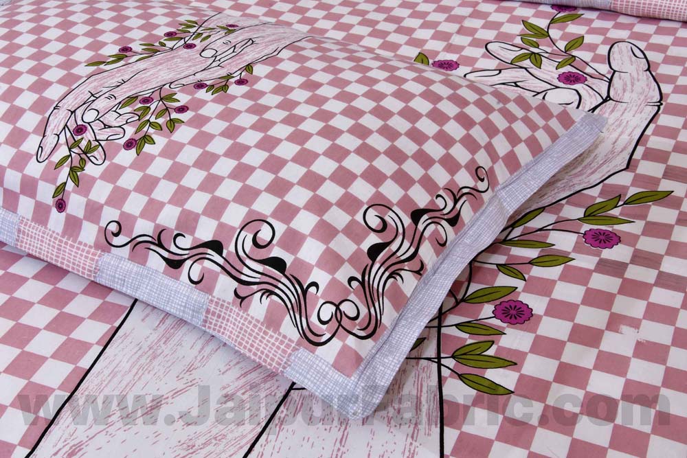 Helping Hands Art Pink Checks Cotton King Size Bedsheet