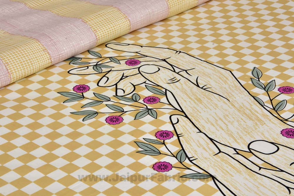 Helping Hands Art Yellow Checks Cotton King Size Bedsheet
