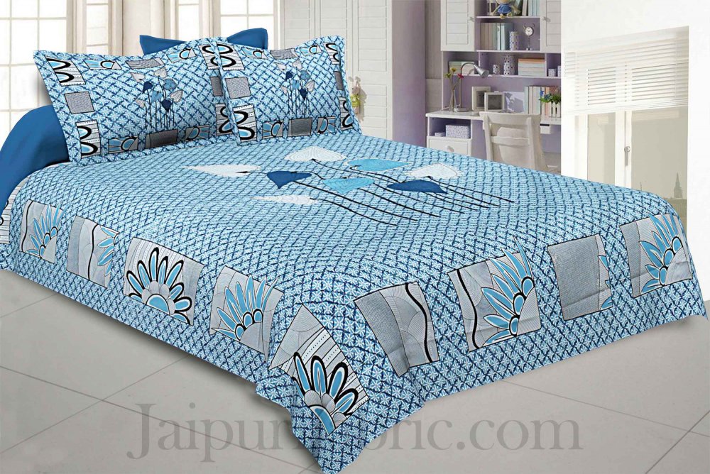 Lotus Leaves Blue Pearl Cotton King Size Bedsheet