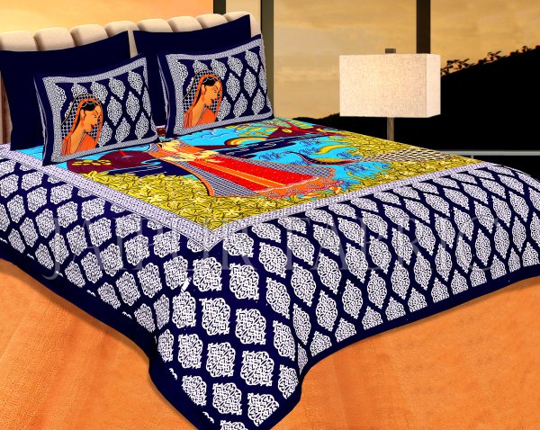 Navy Blue Border Lady With Peacock Pigment Print Cotton Double Bedsheet