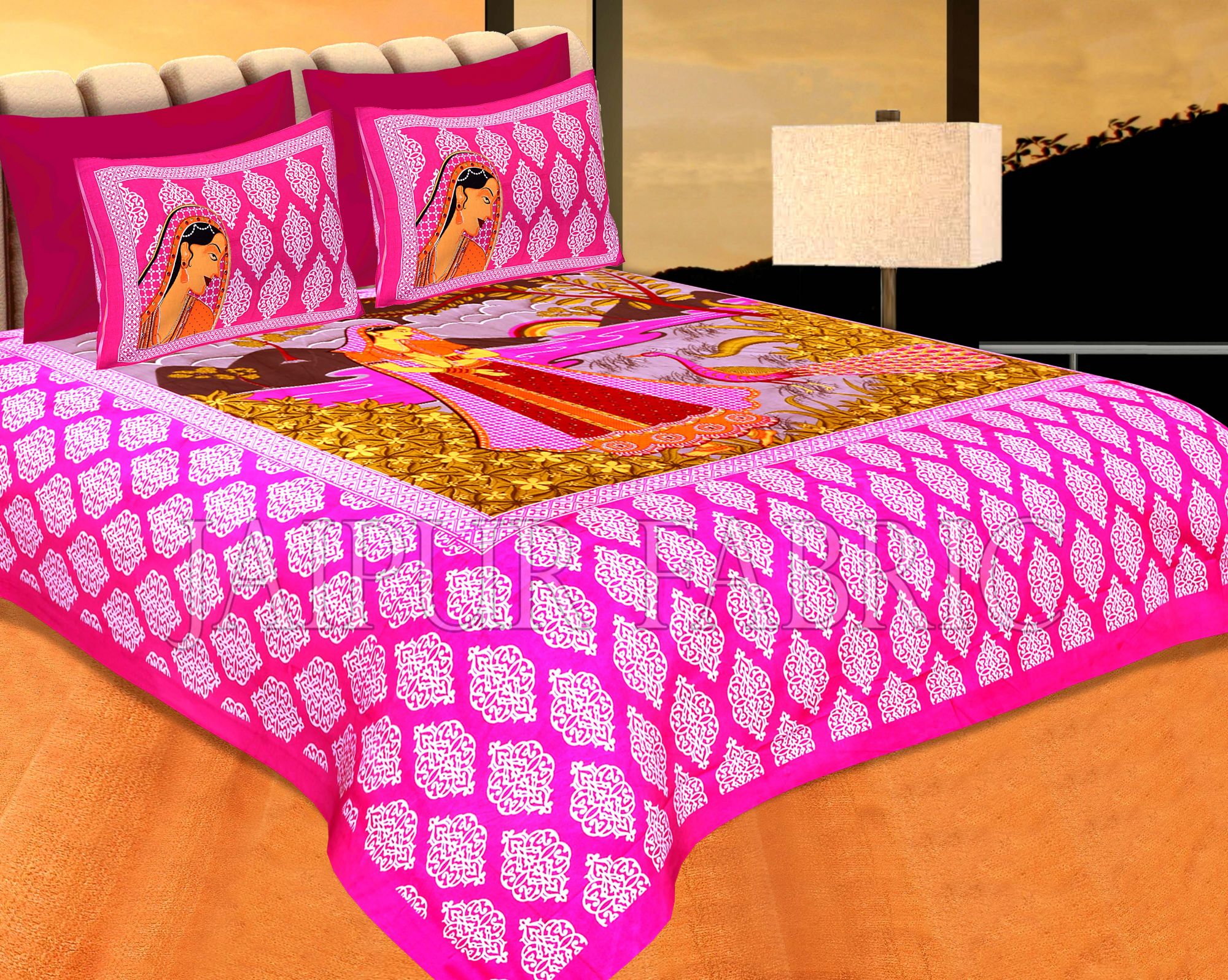 Pink Border Lady With Peacock Pigment Print Cotton Double Bedsheet